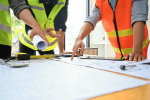 team members reviewing plans for a commercial building