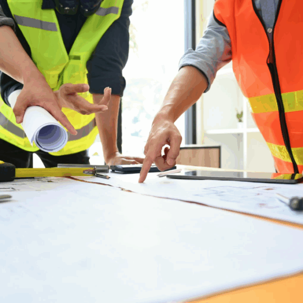 team members reviewing plans for a commercial building