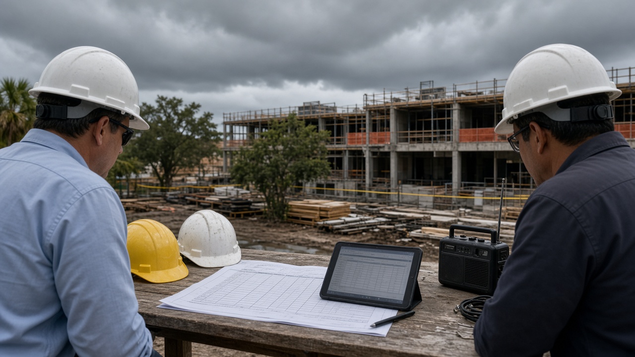 Construction managers reviewing storm preparedness plans at a Florida jobsite