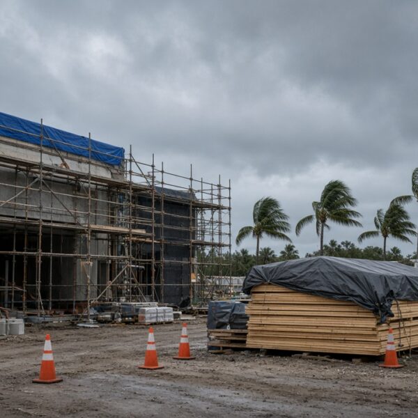 Florida commercial construction jobsite secured for hurricane season with tarps and scaffolding