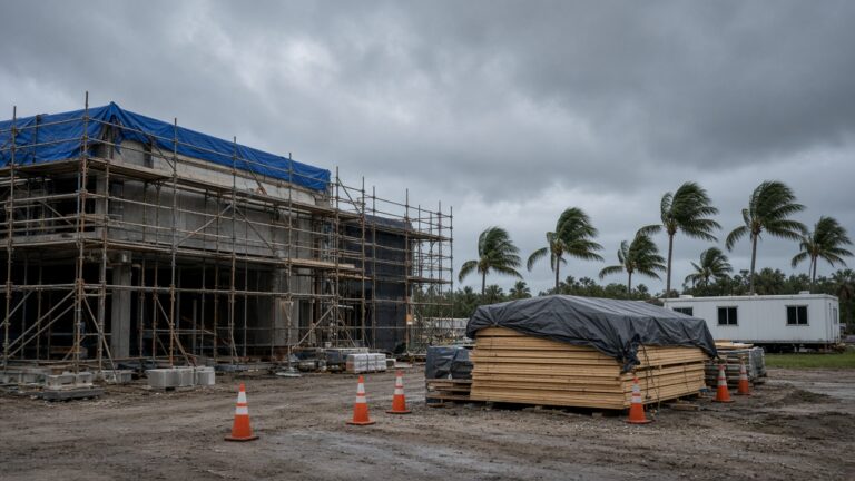 Florida commercial construction jobsite secured for hurricane season with tarps and scaffolding